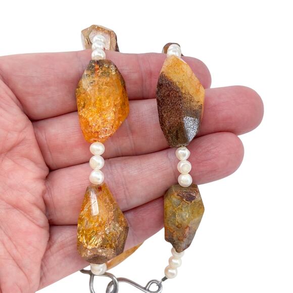 Estate Natural Citrine Nugget Pearl Sterling Silver Clasp Necklace 19.5" - Picture 4 of 7